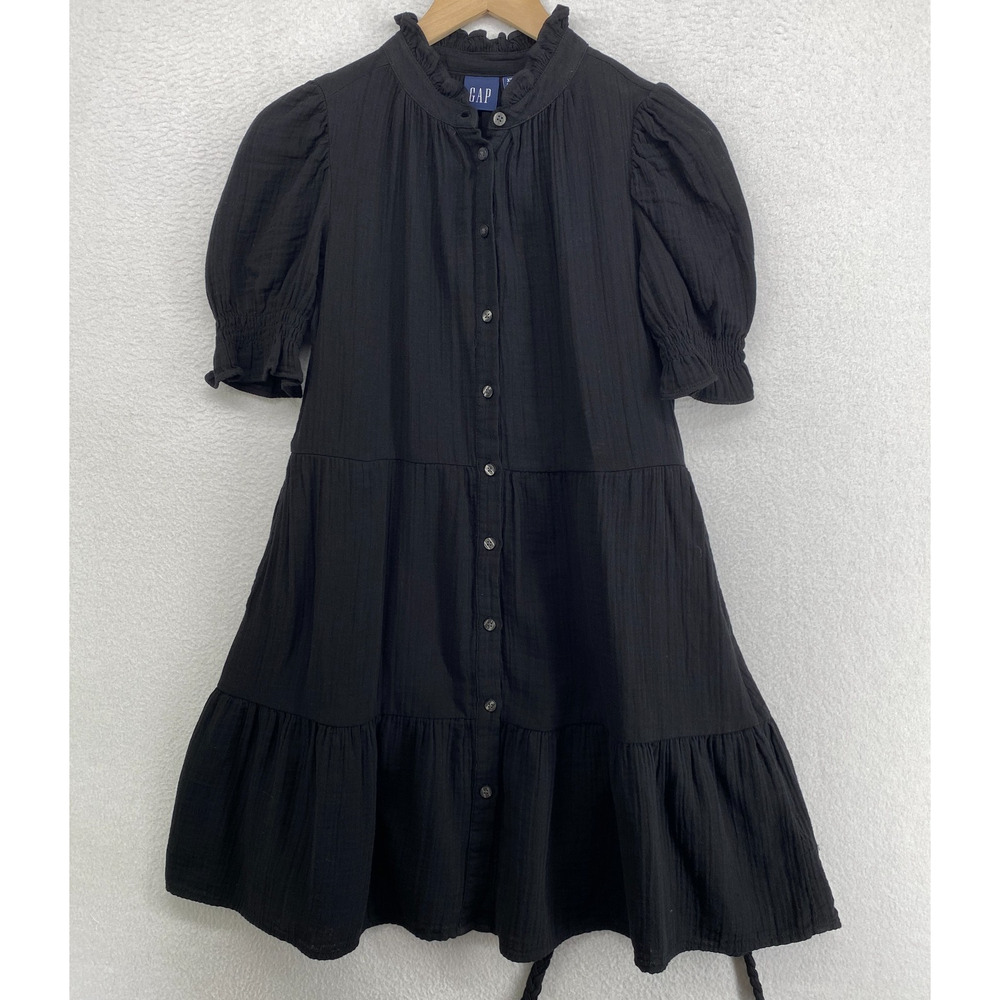 GAP Dress XS Crinkle Gauze Mini Tiered Ruffle Button Front Puff Sleeve Black NEW - Picture 3 of 16